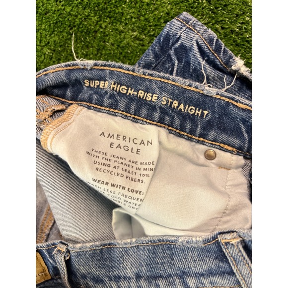 American Eagle Women High Waisted Straight Leg Jeans Medium Wash Distressed 10 - Picture 5 of 9